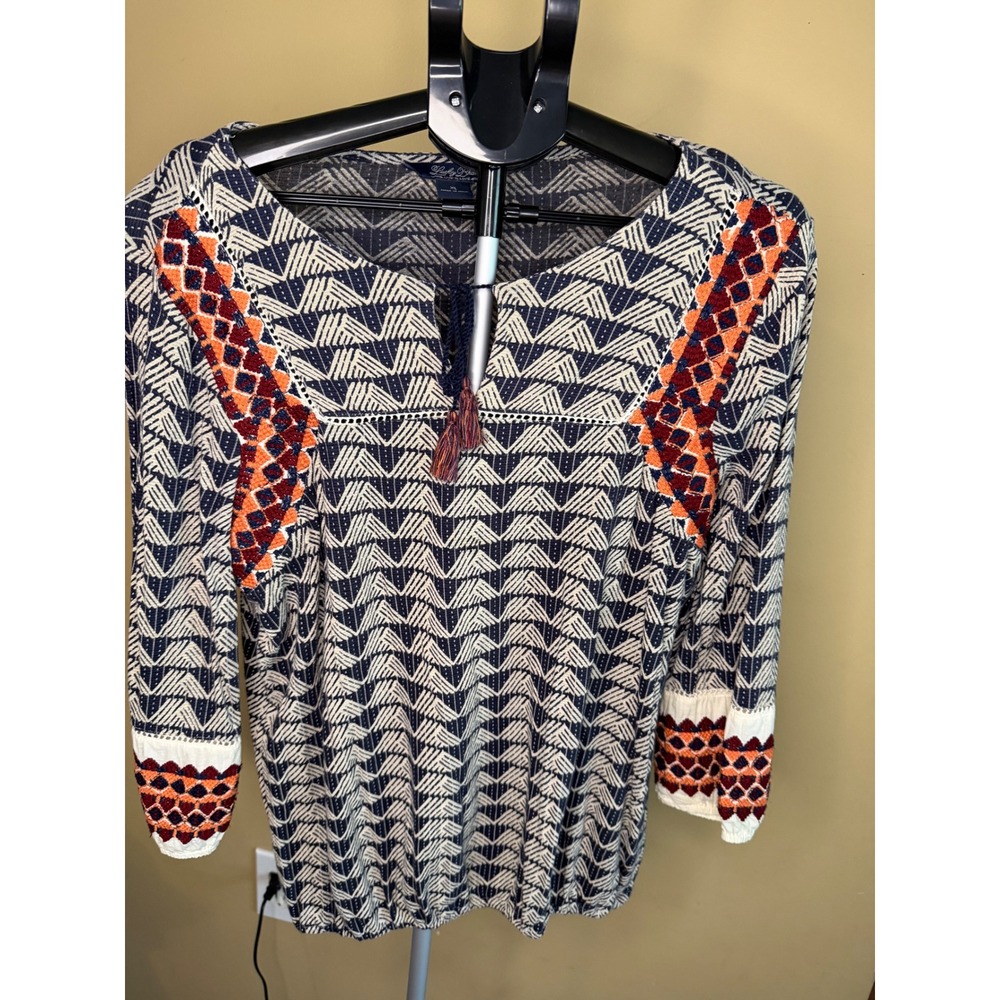 Lucky Brand Live in Love Navy Geometric Print Embroidered Peasant Top XL Boho